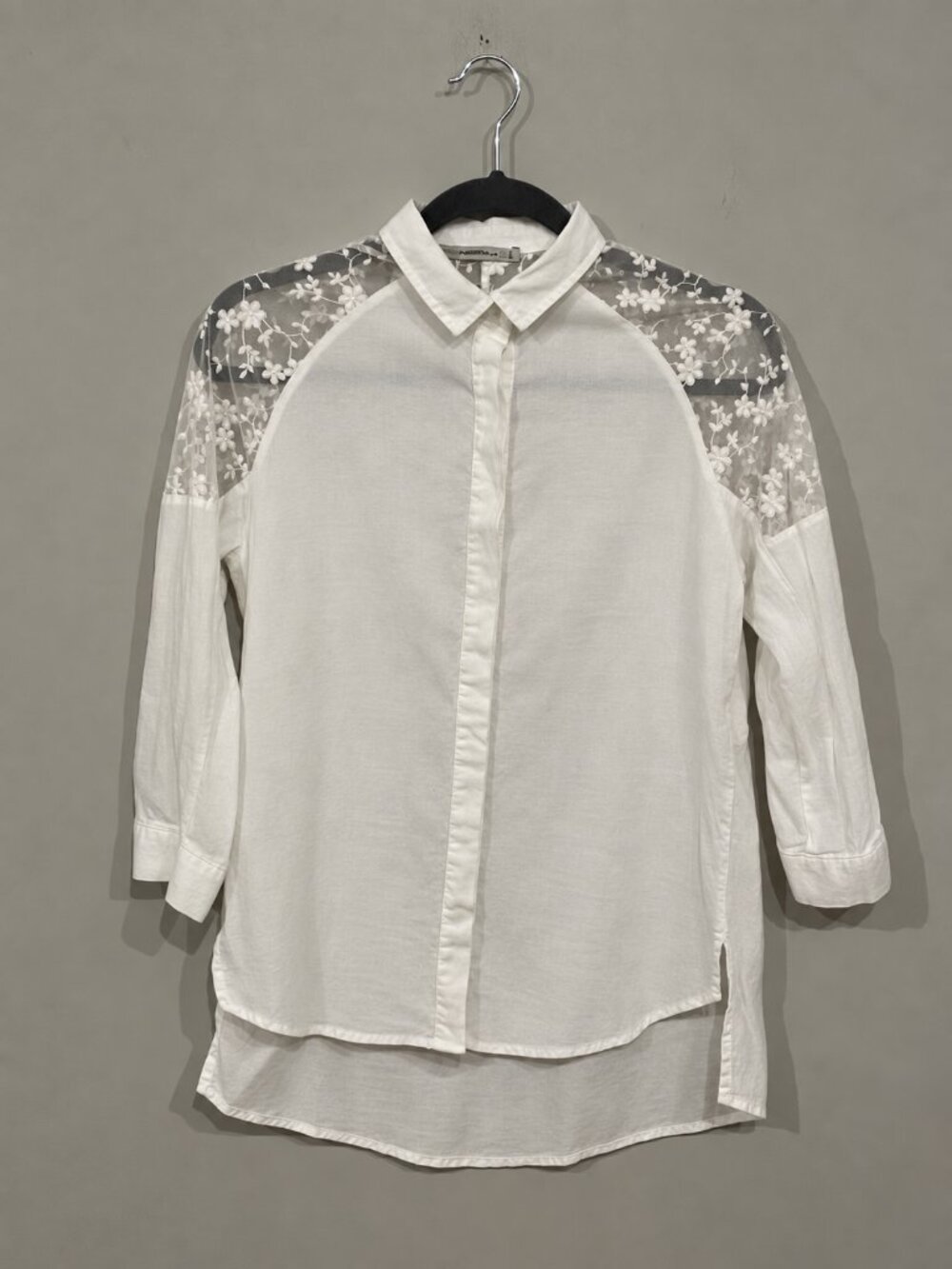 White Floral Small Relaxed Embroidered Sheer Mesh Button-Up Shirt